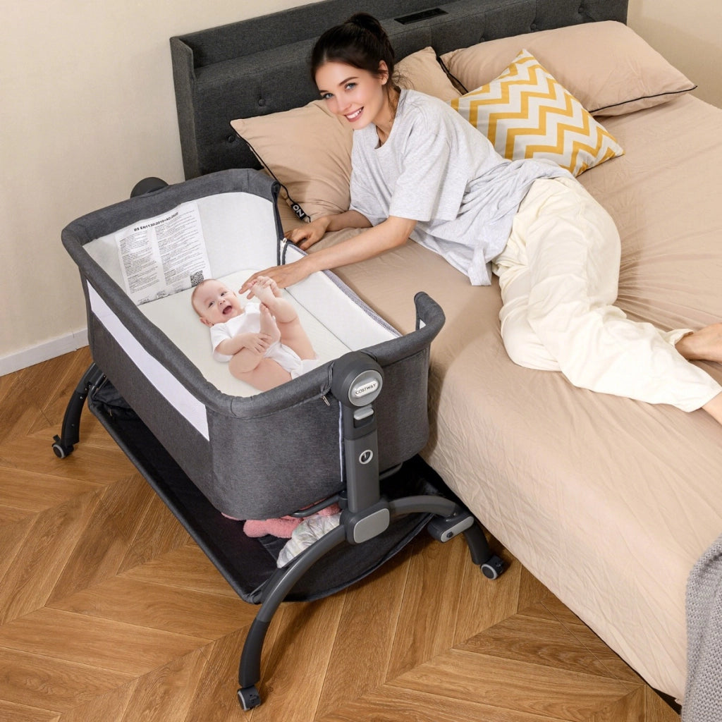 Lettino affiancato con regolazione in altezza a 7 livelli per neonati, Culla co-sleeper per bambini cesto portaoggetti Grigio-Culle