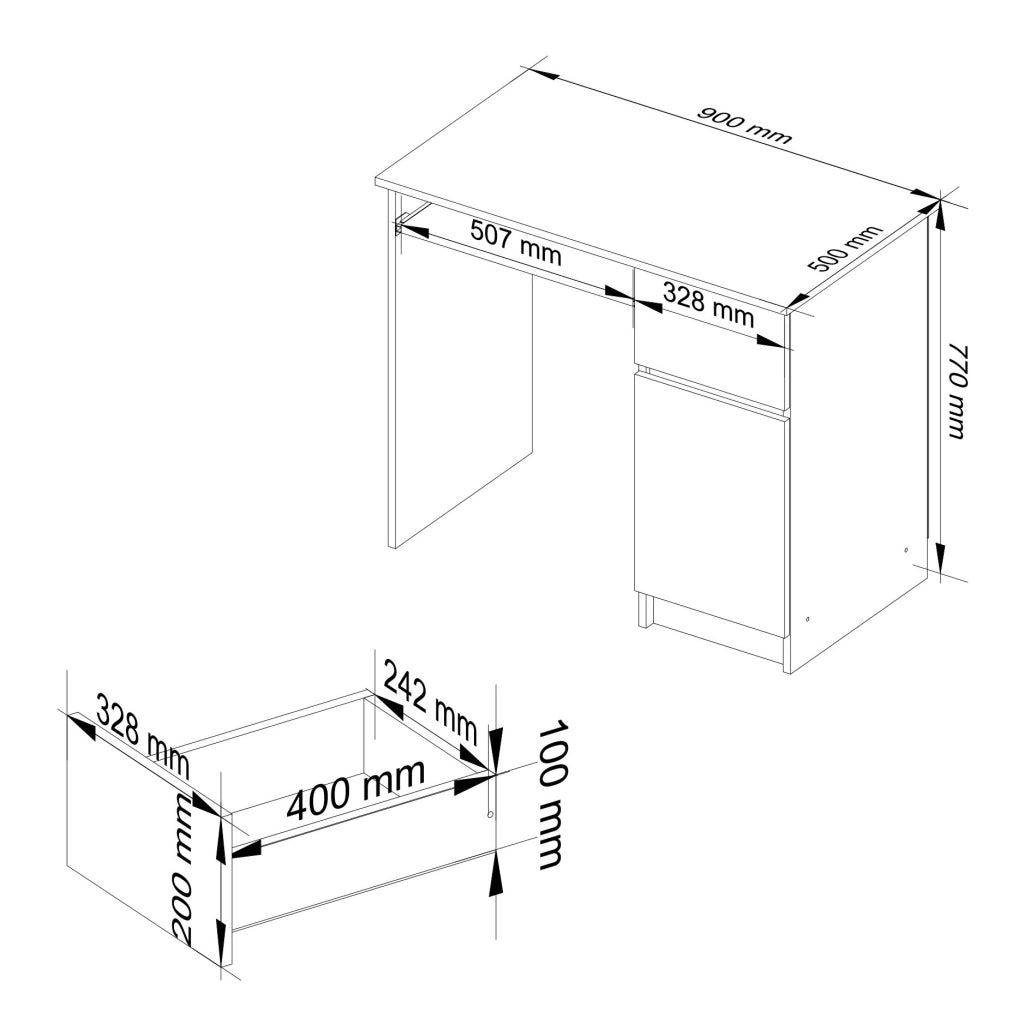 Scrivania per computer AKORD PIKSEL Ontano 90 cm 1 anta 1 cassetto 90x50x77 cm Modello a destra