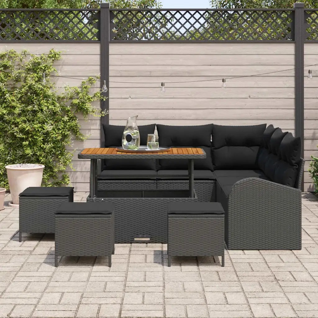 Set Divano da Giardino con cuscino 9 pcs Nero polyrattan