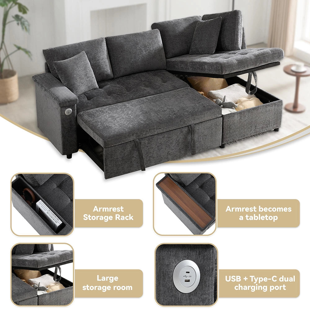Divano moderno a L - Xylo - Letto convertibile, USB, grigio