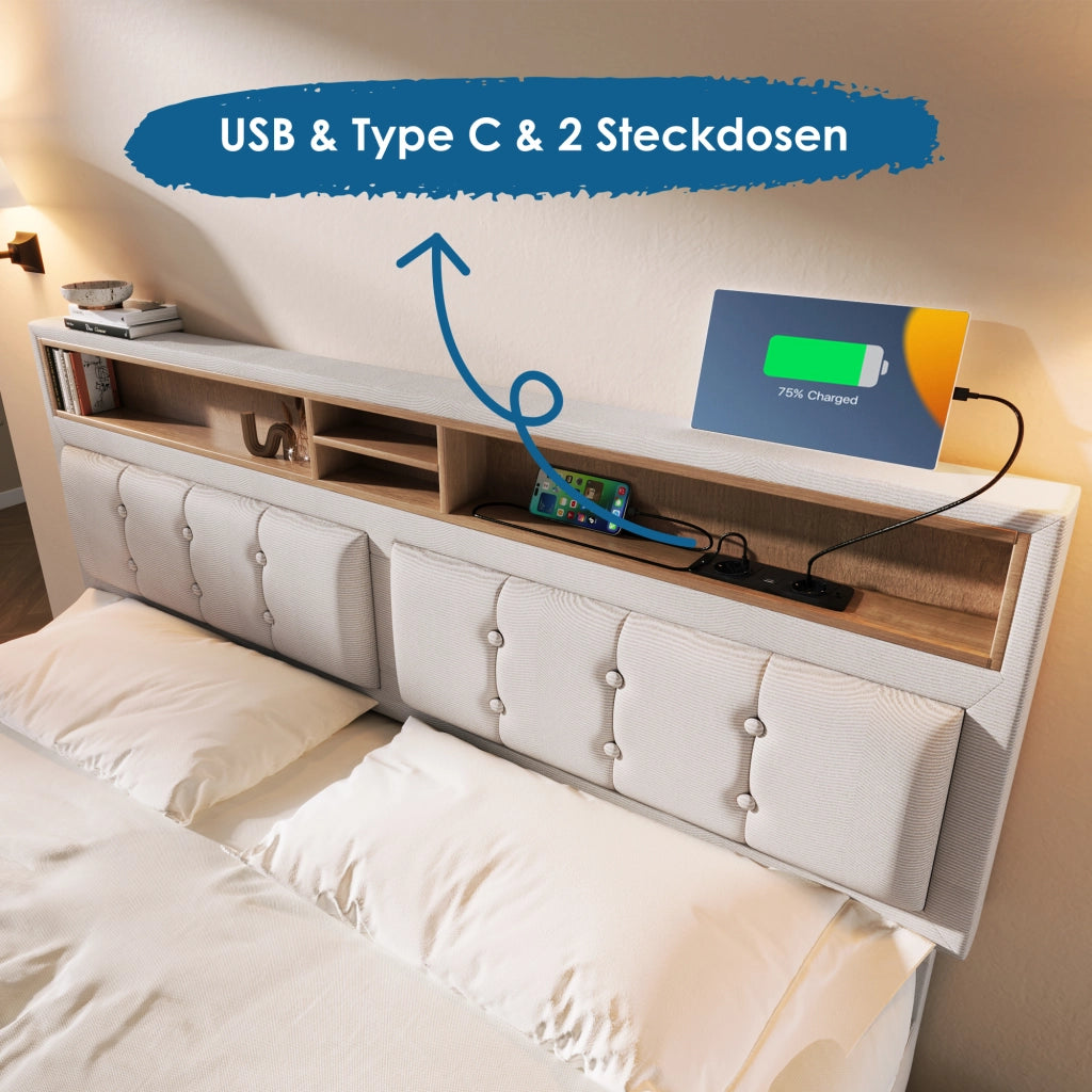 LETTO Contenitore 140x200 cm in lino beige con testiera regolabile e USB