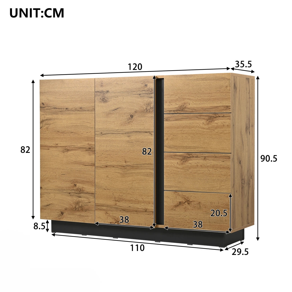 CREDENZA con 4 cassetti e 2 ante 120x35,5x90,5 cm Natural e Nero