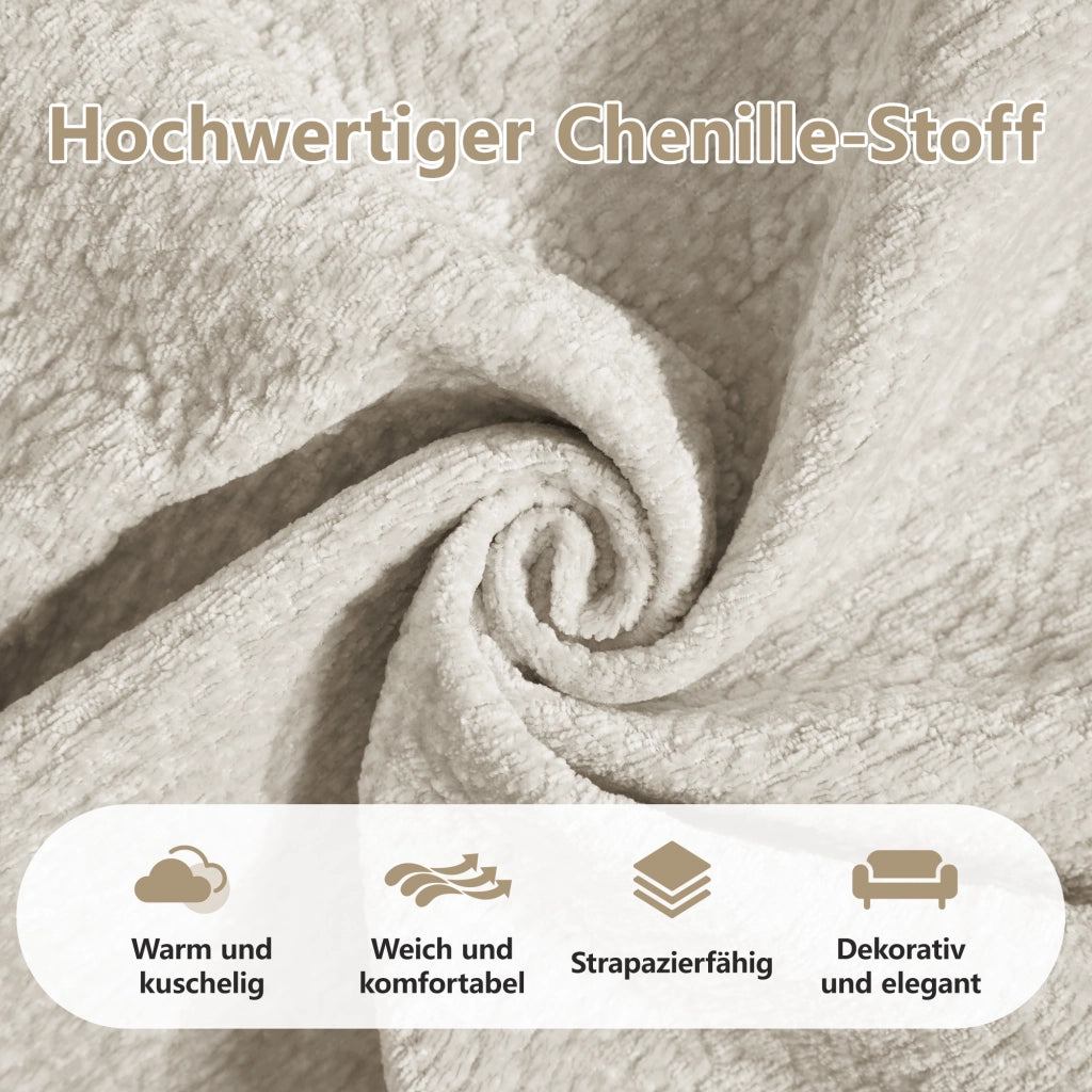Divano angolare 3 posti modulare con pouf mobile e cuscino, in Ciniglia, Beige chiaro