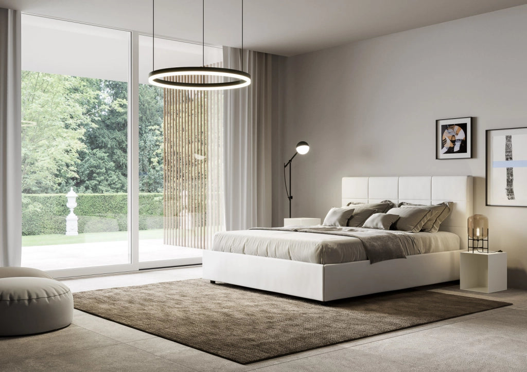 BS COM Letto matrimoniale senza rete imbottito 160x200 similpelle bianco