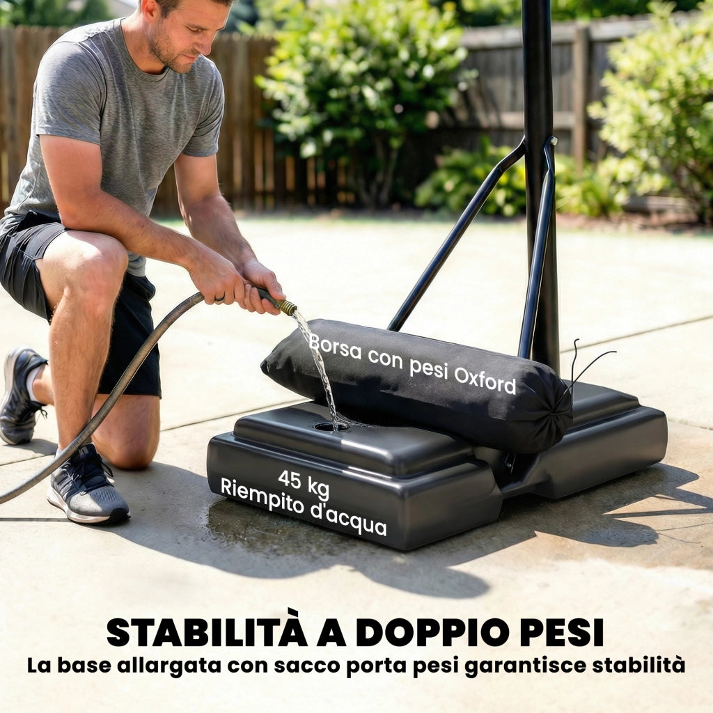 Canestro Basket con Altezza Regolabile 1.3-3 m. Base Riempibile e Ruote. Nero