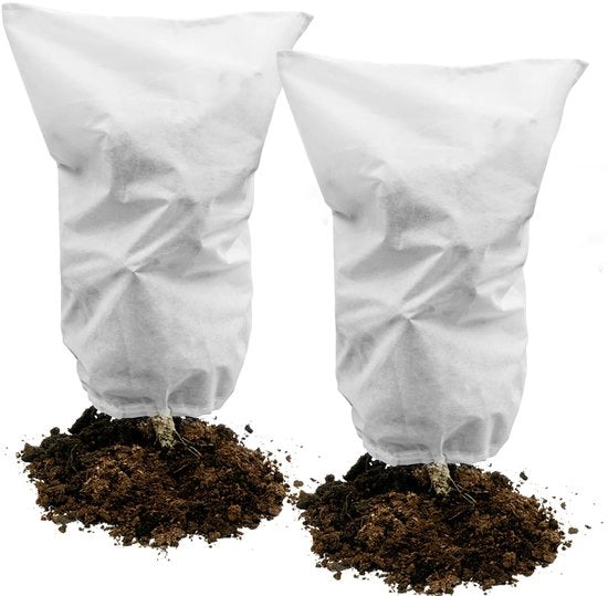 Calzamani per protezione invernale 2 pezzi, 50 g/m² 60 cm x 80 cm calzamani per protezione delle piante con cordino, velo di protezione per piante per condizioni climatiche resistenti, freddo, uccelli e insetti beige-bianco