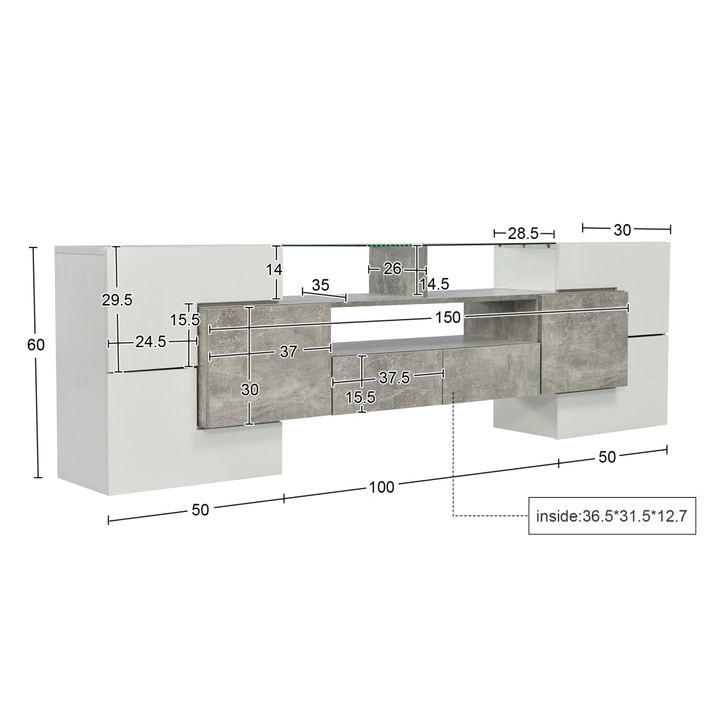 Mobile TV con 6 Ante; 2 Cassetti e LED Multicolore; Frontale Lucido; in MDF; 200¡Á35¡Á60 cm; Grigio