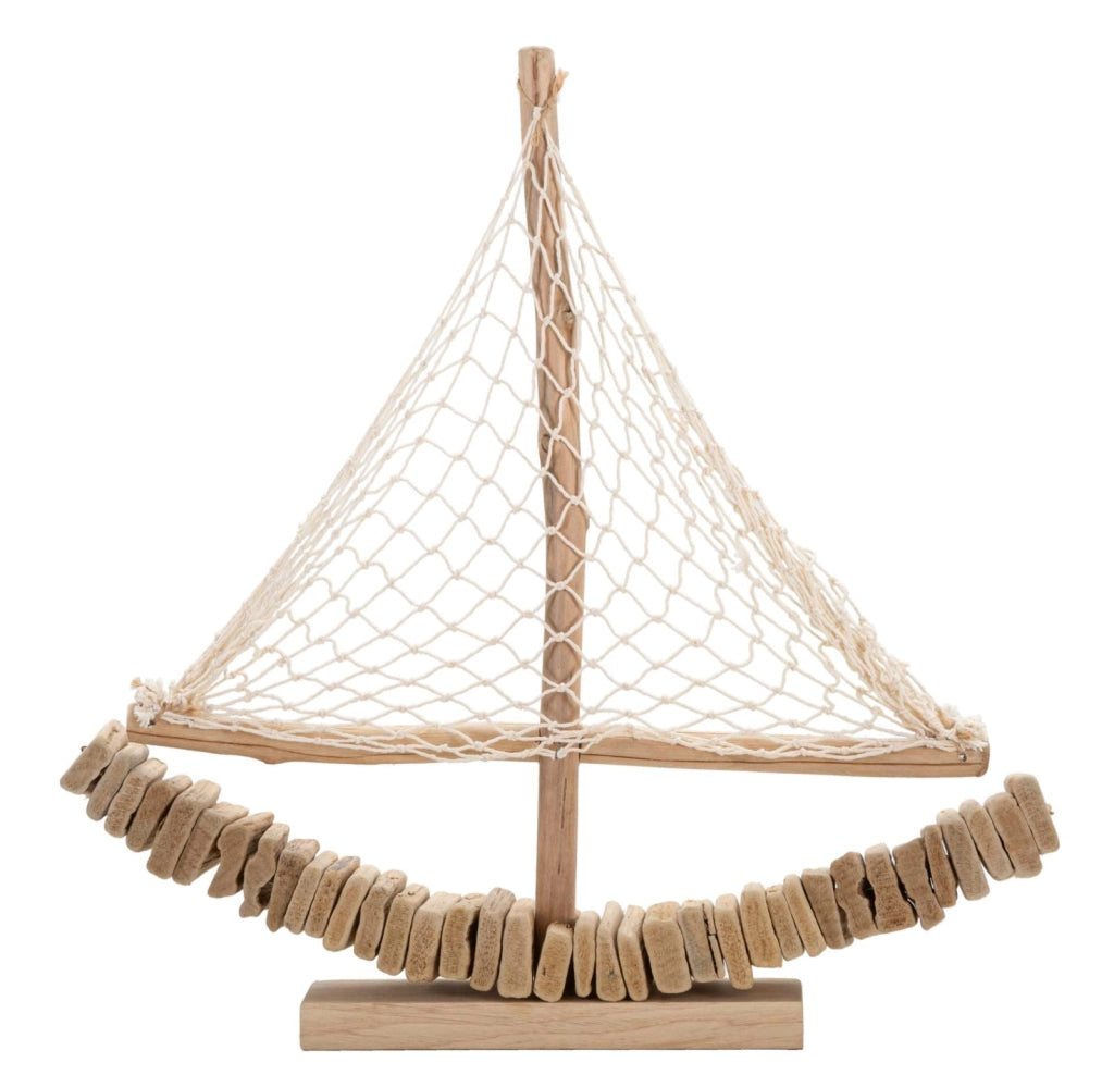 Scultura Barca a Vela in Legno con Rete in Tessuto 45x45 cm - BOAT