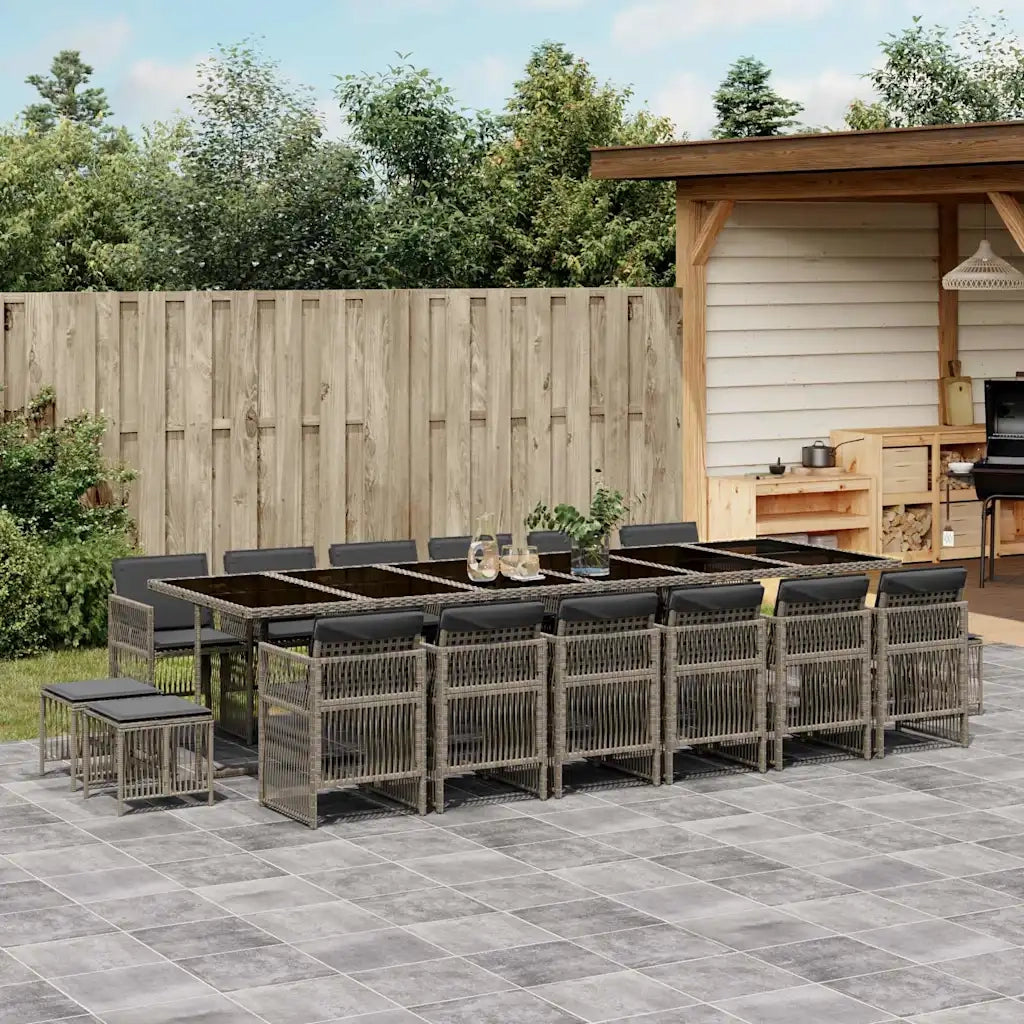 Set da Pranzo da Giardino 17pz con Cuscini Grigio in Polyrattan
