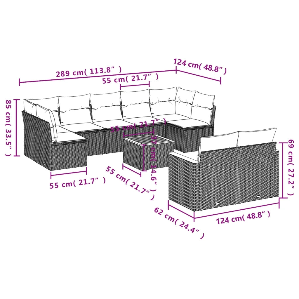 Set Divani da Giardino 10pz con Cuscini in Polyrattan Nero 3258696