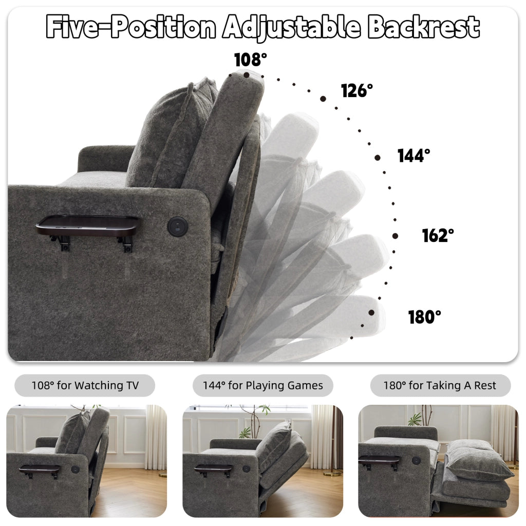 Divano letto con cuscini e USB ¨C Minimal ¨C 3 in 1, schienale regolabile, contenitore, chenille, grigio