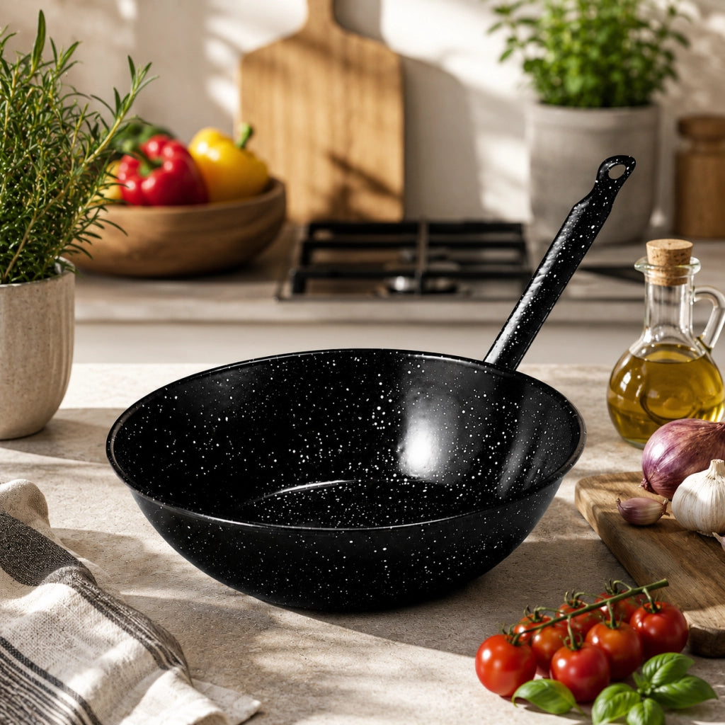 Padella Fonda Smaltata per Fritture,Wok, Cucina al Salto , Nera con Manico, Compatibile con Induzione, Gas, Cucina 30 cm