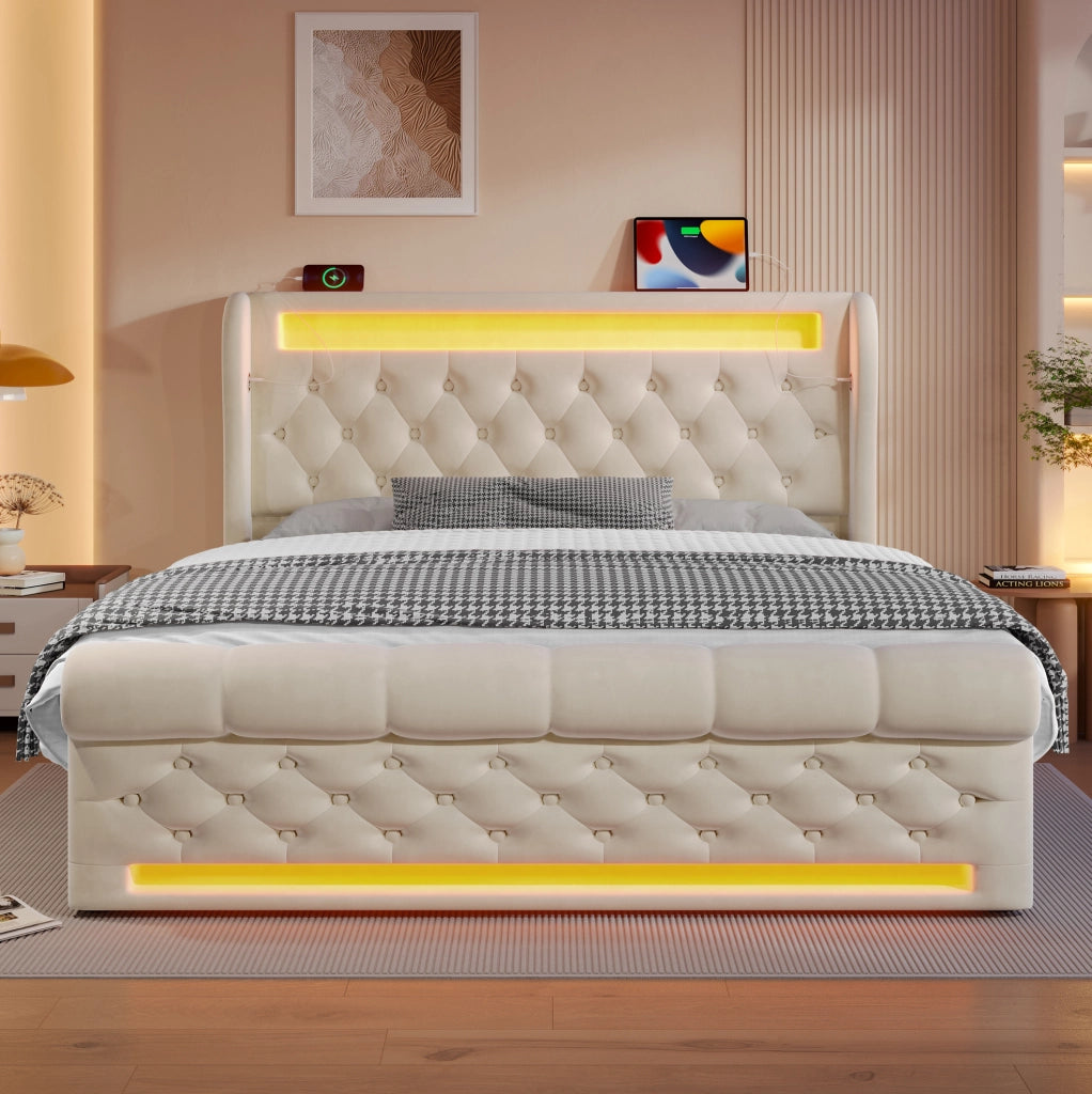 Letto imbottito con LED, ricarica USB e contenitore idraulico
