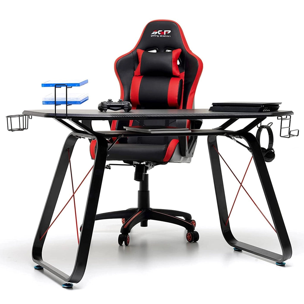 SCRIVANIA GAMING TAVOLO PC COMPUTER ACCIAIO UFFICIO CAMERA CONSOLE CARBONIO NERA