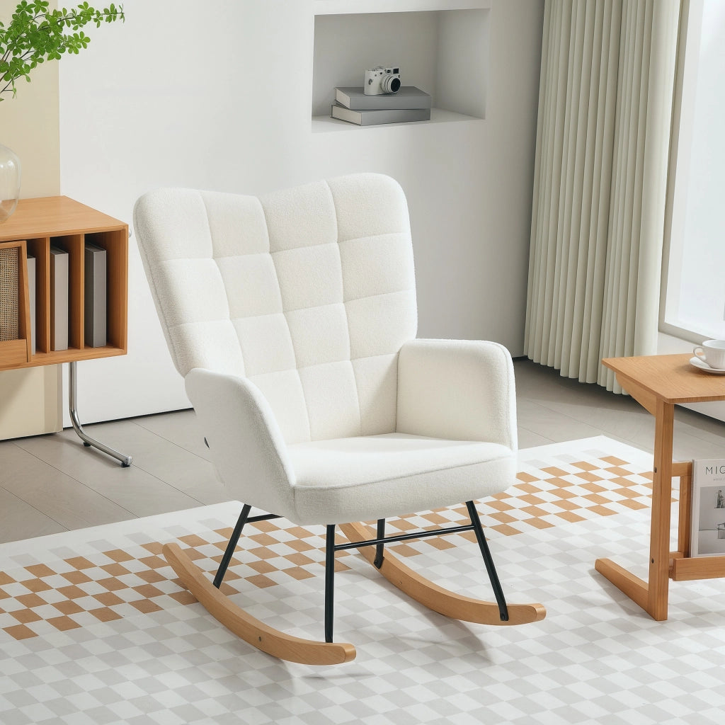 Poltrona dondolo con braccioli ¨C Xylo ¨C tessuto bianco, gambe legno