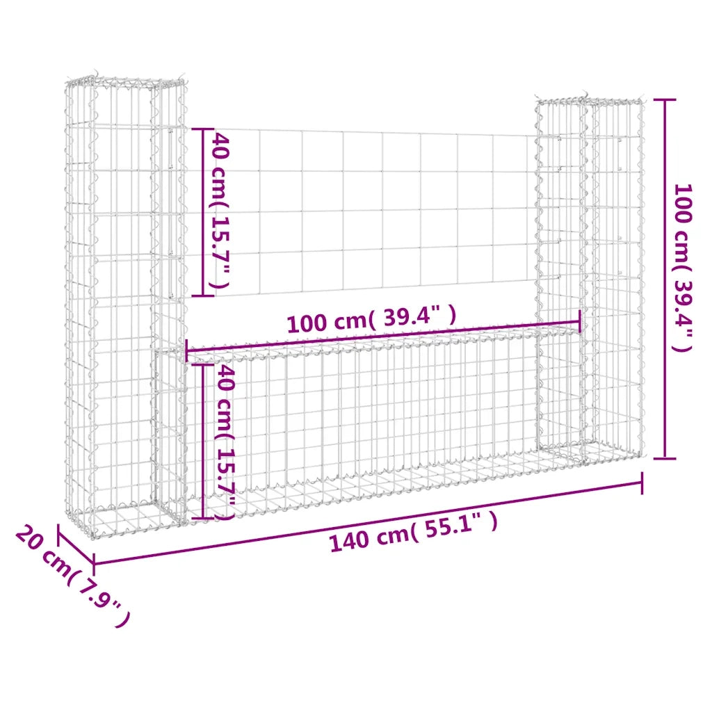 Cesto Gabbione a U con 2 Pali in Ferro 140x20x100 cm