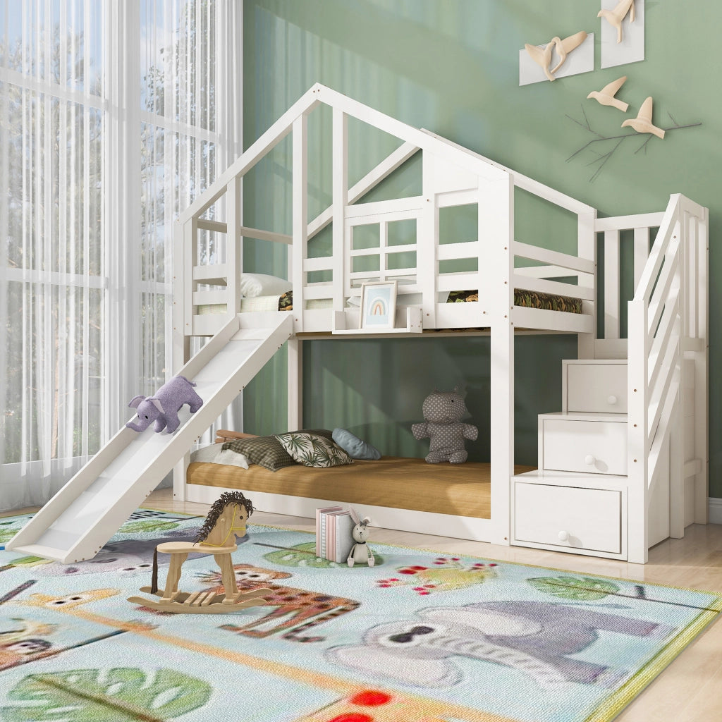 LETTO a castello casetta 90x200 cm bianco con scivolo
