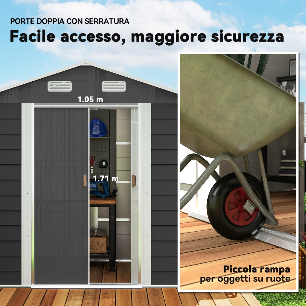 Casetta porta Attrezzi con Porte Scorrevoli e 4 Prese d'Aria, in Acciaio e PP 196x236x208 cm, Grigio Scuro