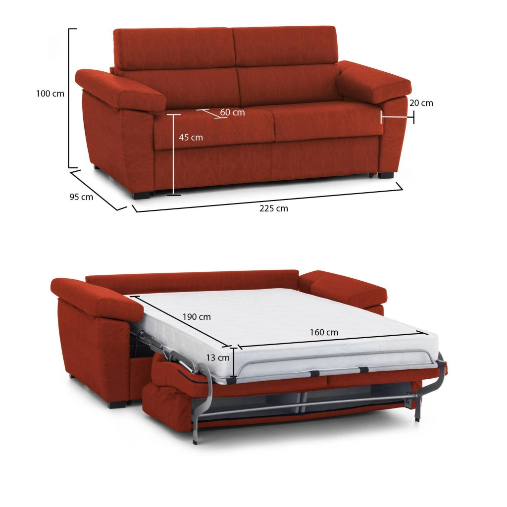 Trino, Divano Letto 3 Posti Sfoderabile Made in Italy, 225x95 cm Arancione