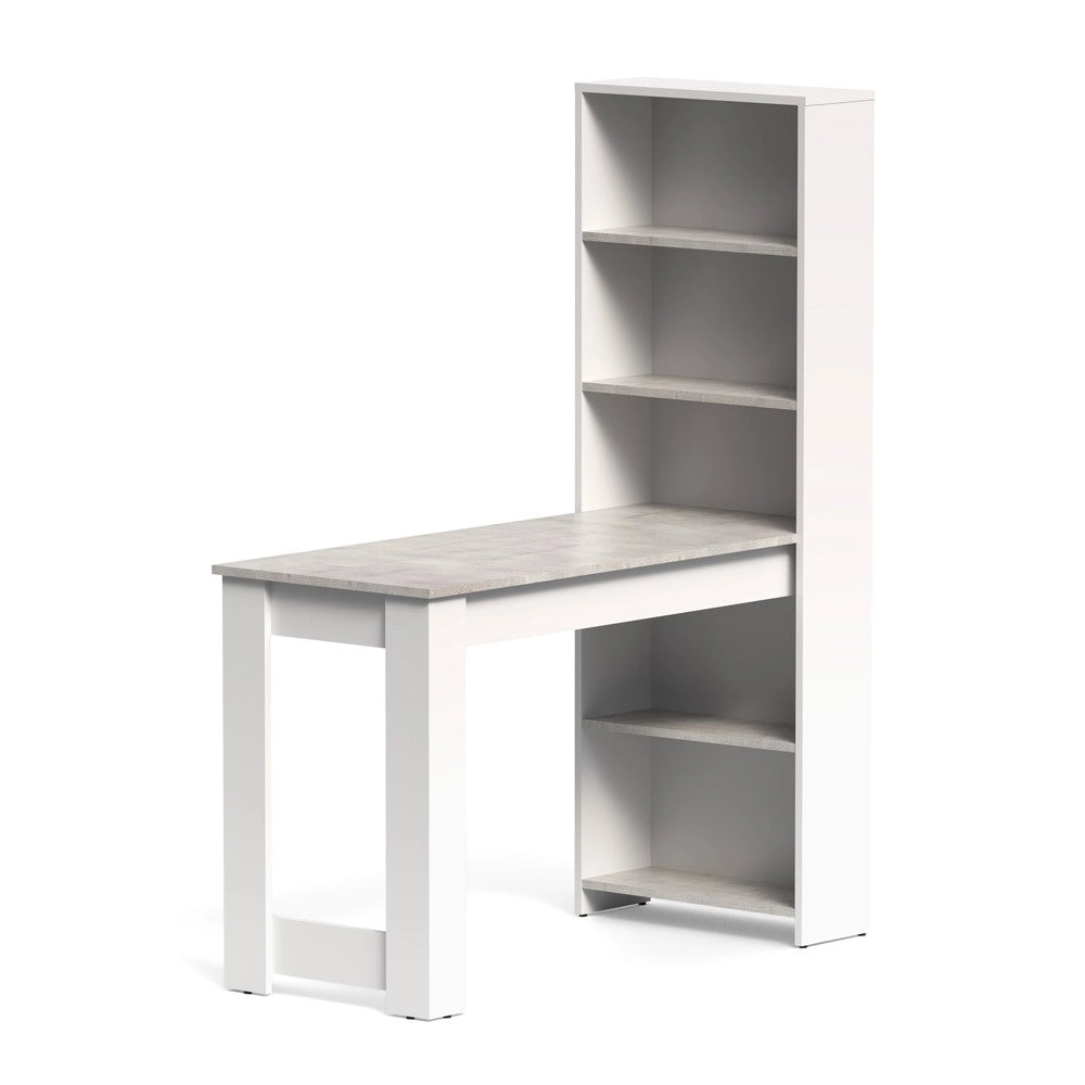 Tavolo penisola Mojo02 con Libreria Integrata Bianca e Piano Effetto Cemento
