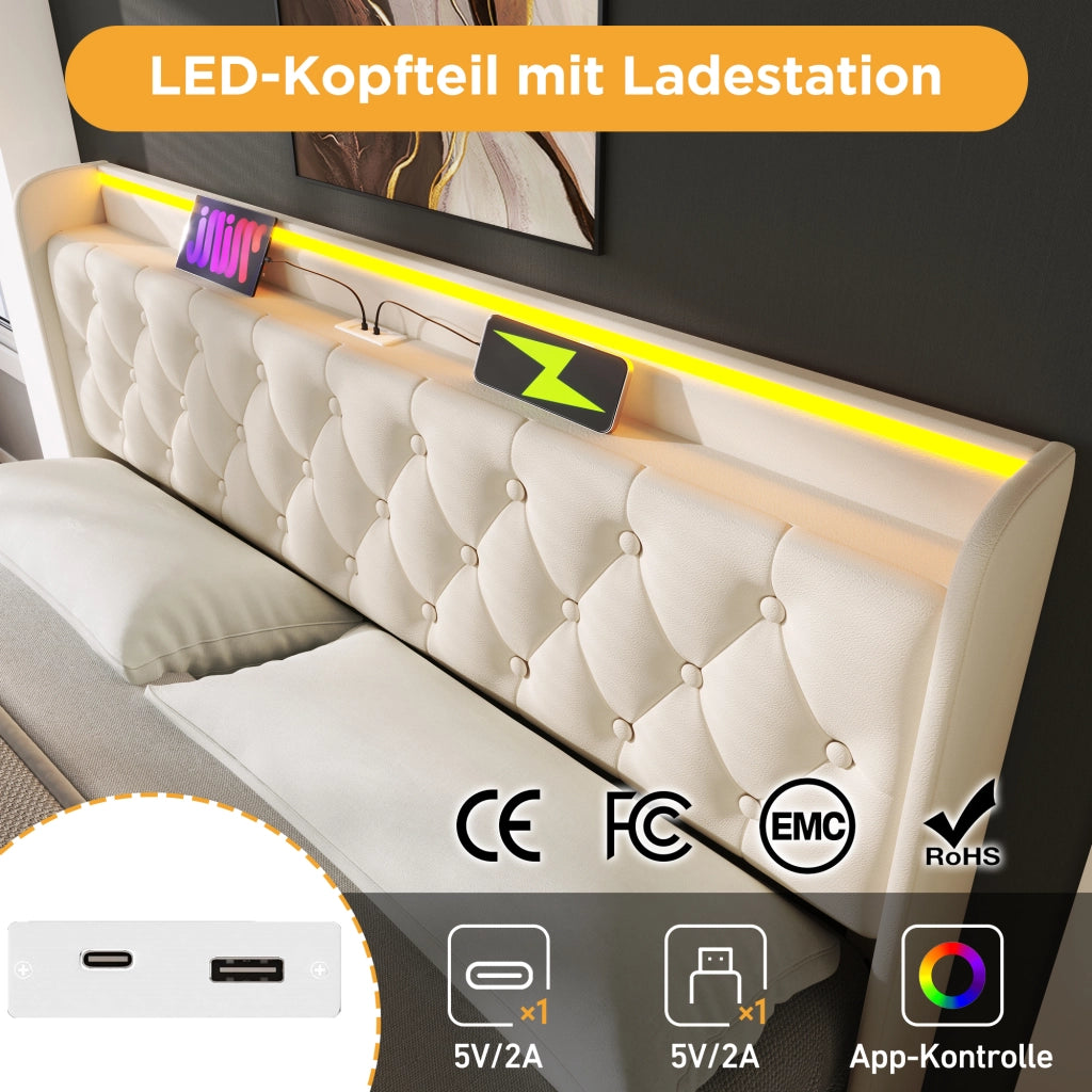 LETTO imbottito 140x200 cm bianco PU con LED, USB Tipo-C e contenitore idraulico