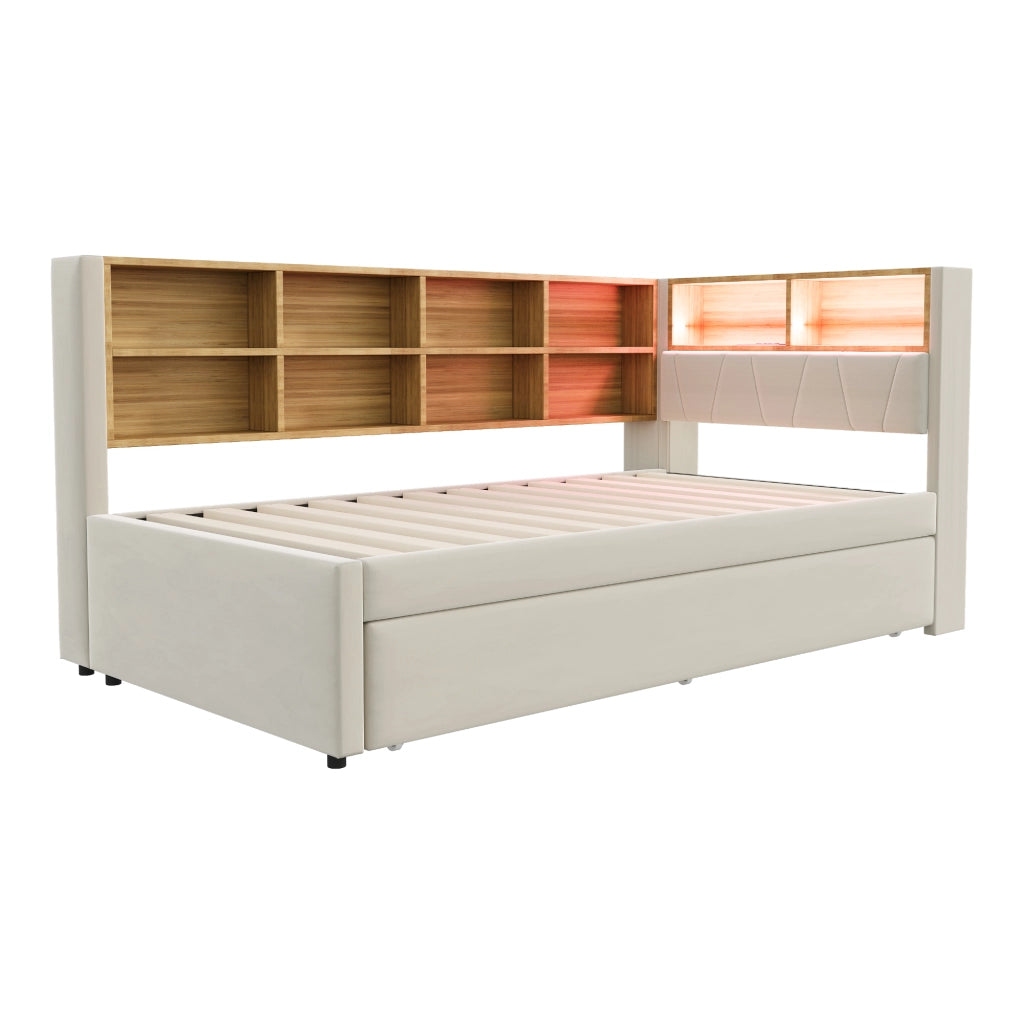 Divano letto 90x200 - Zephmum - LED, prese, ripiani, flanella beige