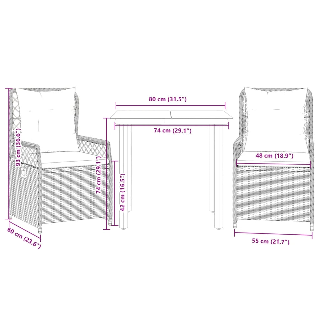 Set da Pranzo da Giardino 3 pz con Cuscini in Polyrattan Grigio 3262992