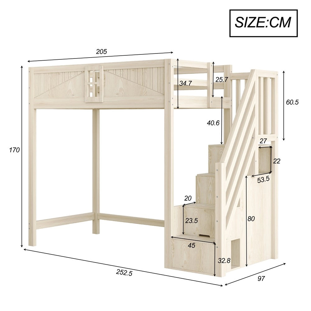 Letto a Soppalco in Legno Massello con Porta e Scala ¨C MINIMAL ¨C 90x200 cm