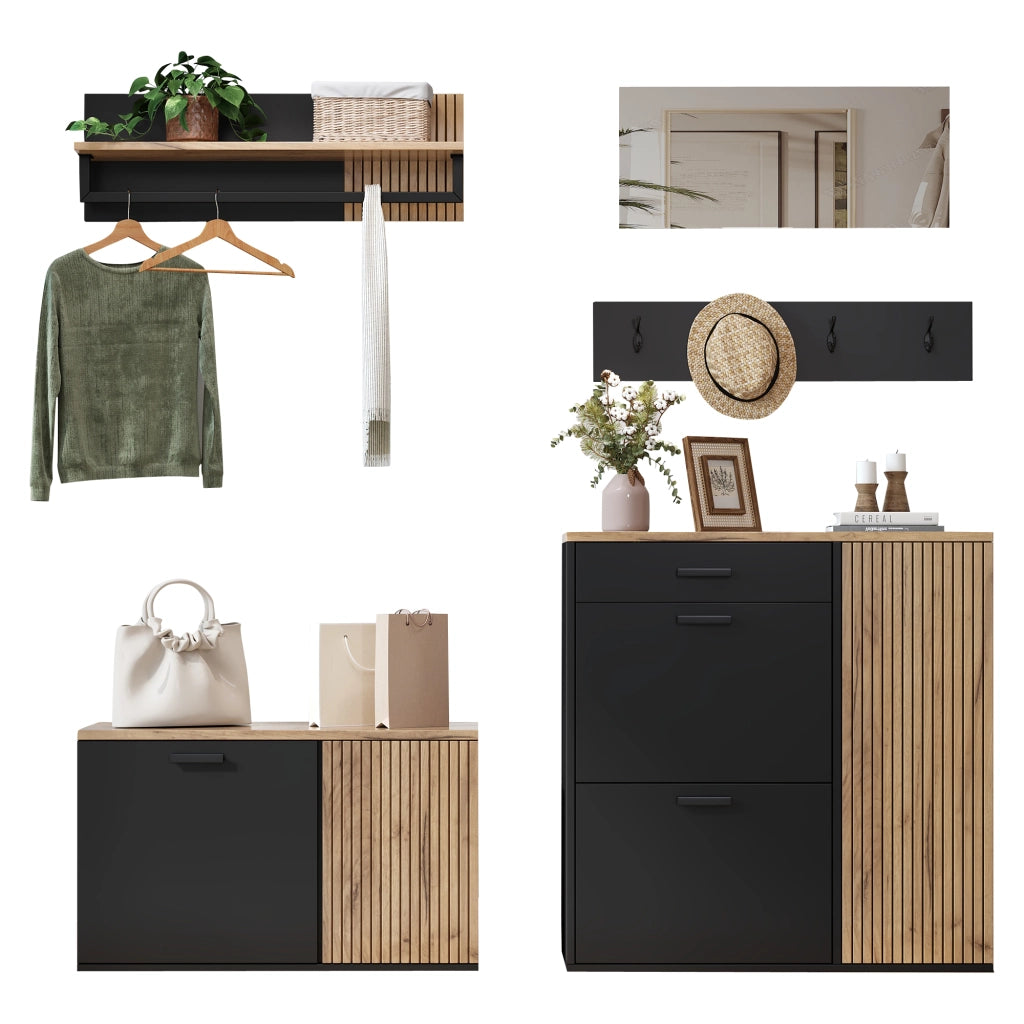 Set da ingresso a 5 pezzi con 2 mobili, specchio, mensola e 4 ganci, colore naturale e nero