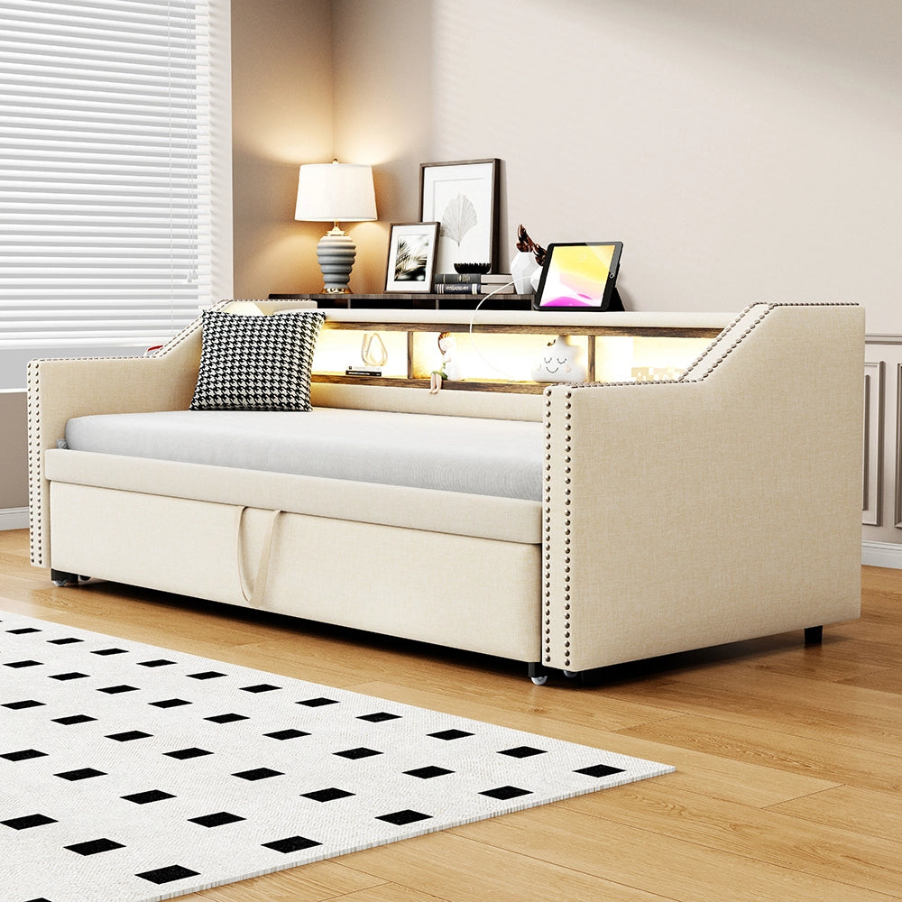 Divano letto - Xylo - 90/180x190 cm LED USB beige