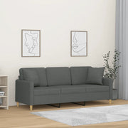 Divano a 3 Posti con Cuscini Grigio Scuro 180 cm in Tessuto