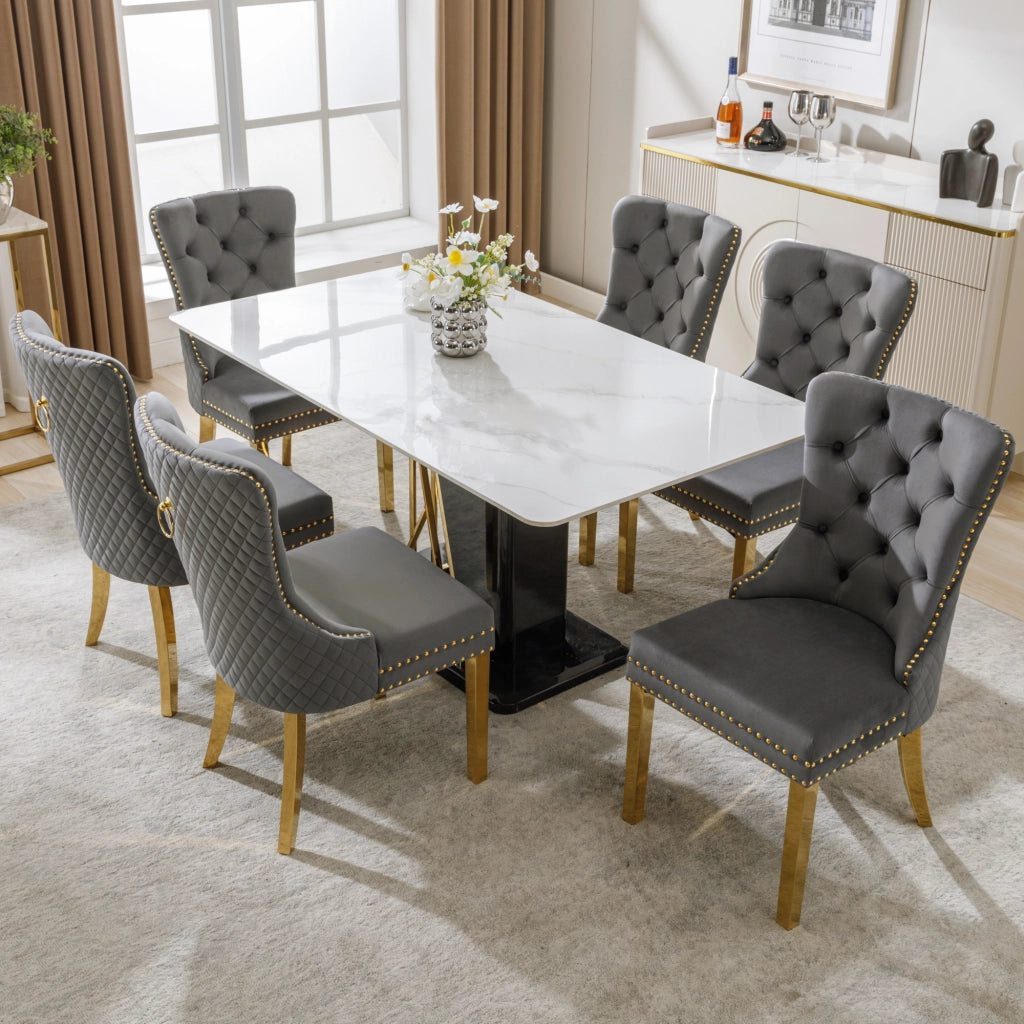 OKWISH Set di 6 Sedie da Pranzo con Anello Rotondo sullo Schienale e Borchie Decorative, Piedini Regolabili, Velluto Grigio