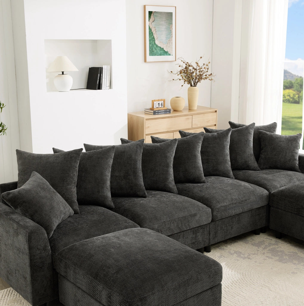 Divano modulare angolare U/L a 6 posti con 2 pouf; USB e Type-C; 283 cm; chenille grigio