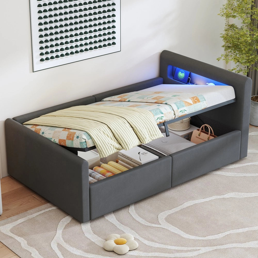 Letto Singolo Imbottito con LED, USB e Contenitore Idraulico ¨C MINIMAL ¨C Velluto Grigio Scuro 90x200
