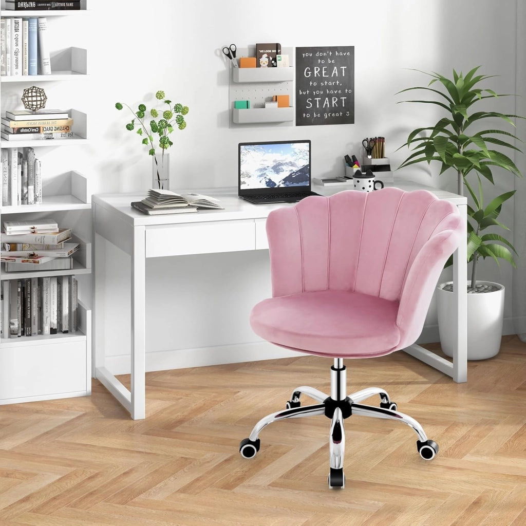 Sedia da Scrivania in Velluto, Poltrona Girevole con Altezza Regolabile, con Schienale a Forma di Petalo e Ruote, per Casa Ufficio, Carico Massimo 150 kg (Rosa)