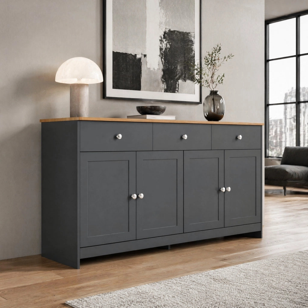 SIDEBOARD 160 cm in MDF Nero/Grigio con 3 cassetti e 4 ante