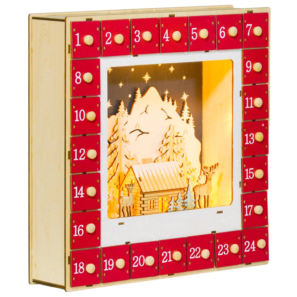 Calendario dell'Avvento LED ¨C Minimal ¨C Legno, Rosso, 24 Cassetti