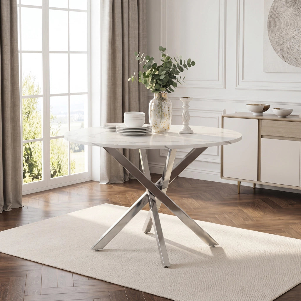 TAVOLO da pranzo rotondo 80 cm effetto marmo bianco e argento