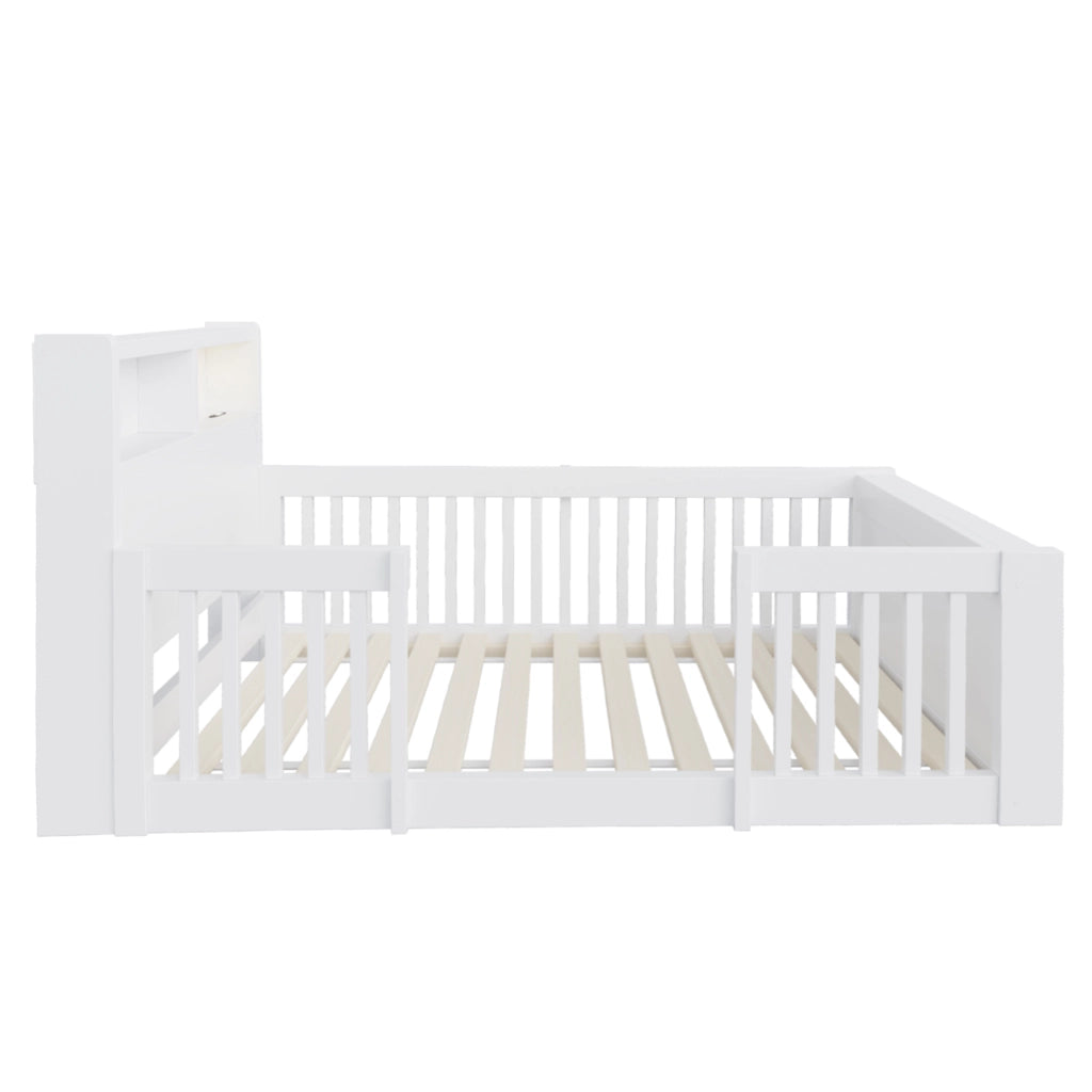 Letto multifunzione per bambini 90 x 190 cm con sponde alte, USB, luce notturna e vano contenitore, bianco