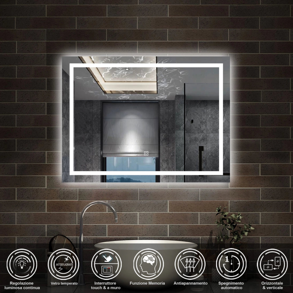 specchio rettangolare 80 x 60 cm con luce led antiappannamento e touch