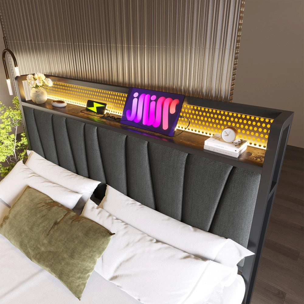 Letto Matrimoniale Imbottito con LED e USB ¨C MINIMAL ¨C Metallo Grigio 180x200