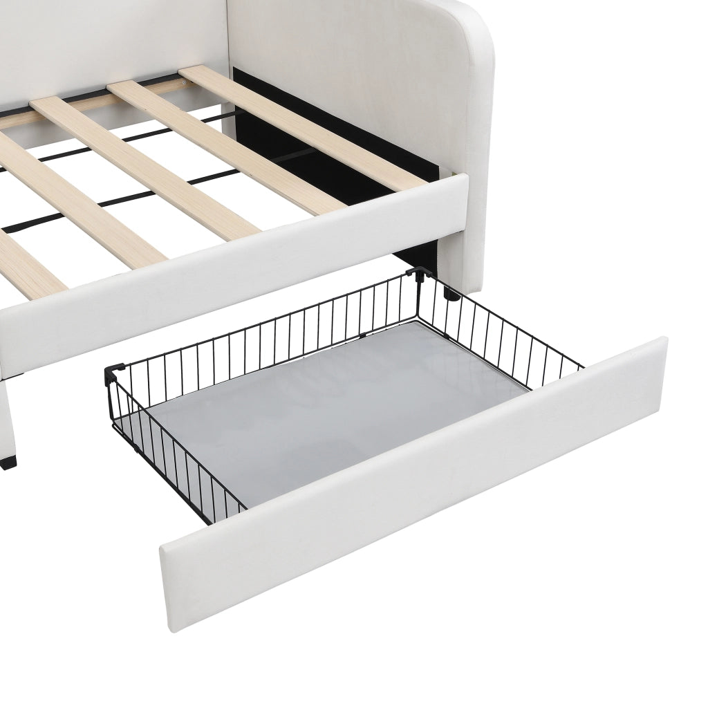 LETTO Singolo 90x200 cm Velluto Bianco con 2 cassetti e tasche laterali