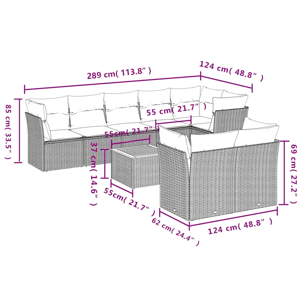 Set Divani da Giardino 9 pz con Cuscini Grigio in Polyrattan 3256068