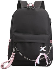 Borsa scolastica con pelo, tessuto, nero, 45 x 32 x 15 cm