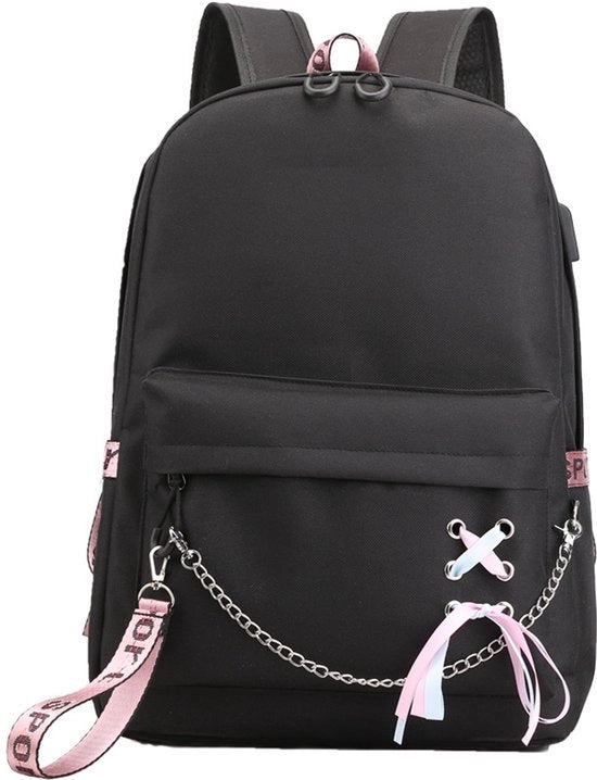 Borsa scolastica con pelo, tessuto, nero, 45 x 32 x 15 cm