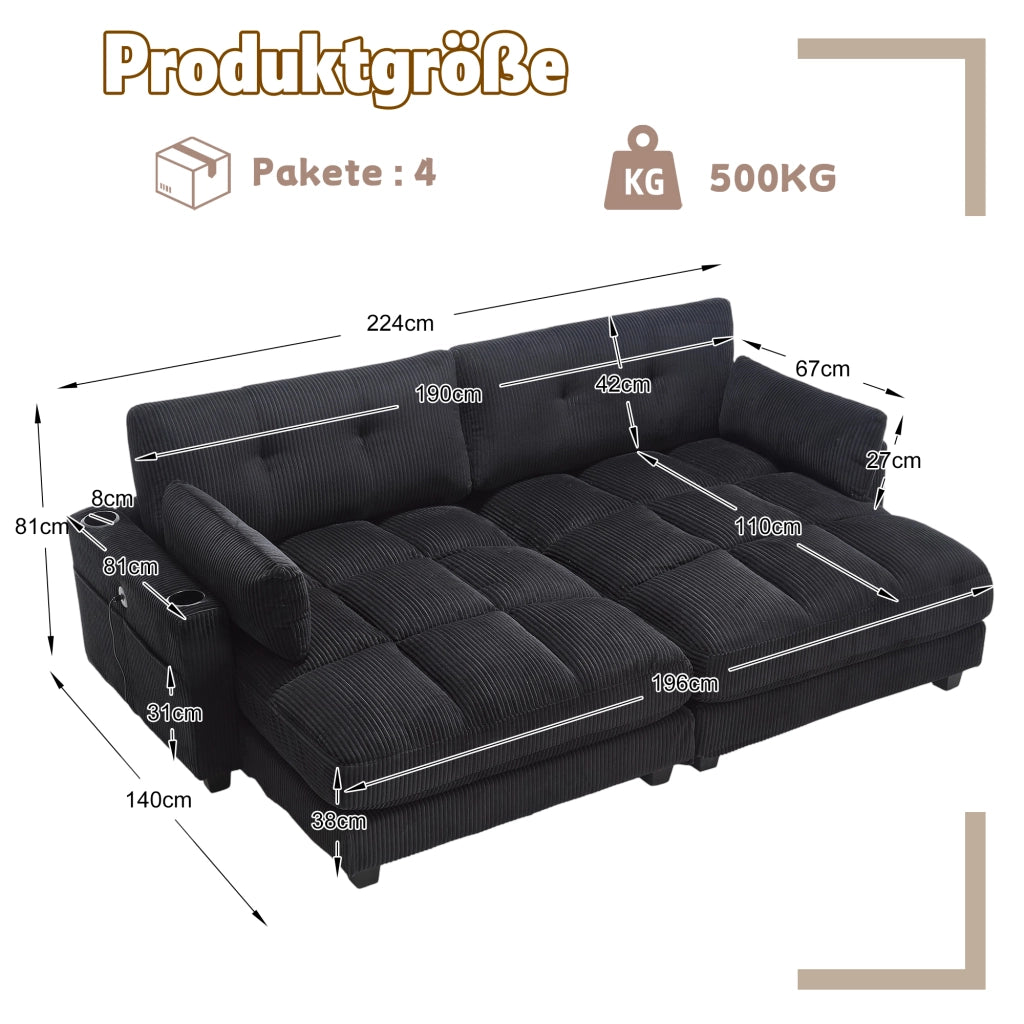 DIVANO 2 posti modulare 224x140x81 cm in corduroy nero con USB e cuscini