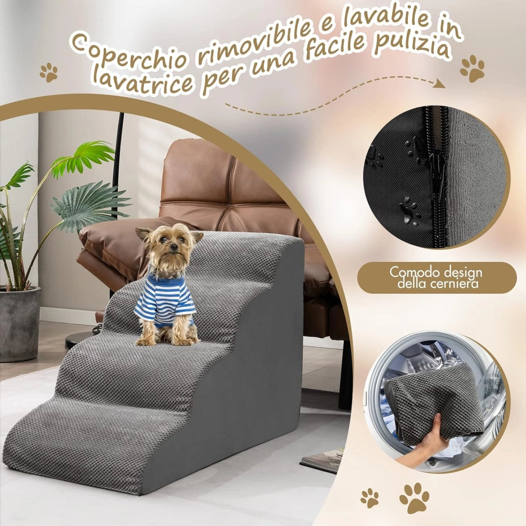 Rampa per Cani con 4 Scalini in Schiuma
Scala per Animali con Copertura Lavabile con Cerniera, Ideale per Animali Piccoli, Anziani e Feriti, 41x72x51cm, Portata 30kg