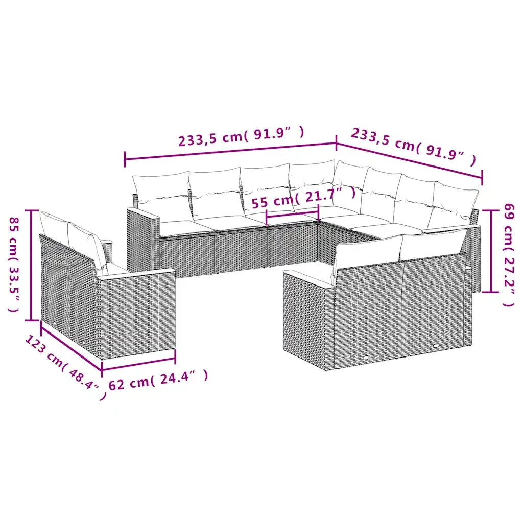 Set Divani da Giardino 11 pz con Cuscini Grigio in Polyrattan 3228182