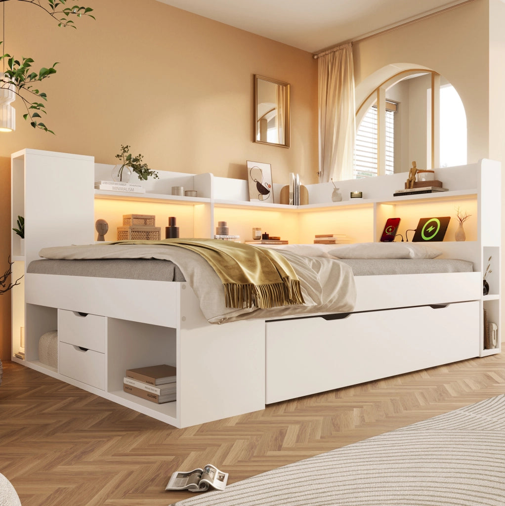 Letto a giorno 140x200 cm con LED; USB e Type-C; bianco; con ripiani e cassetti