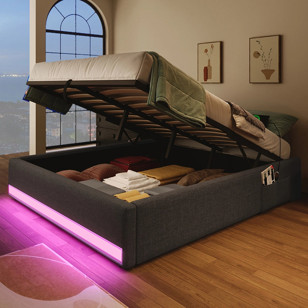 Letto contenitore - Xylo - 140x200 cm LED USB grigio